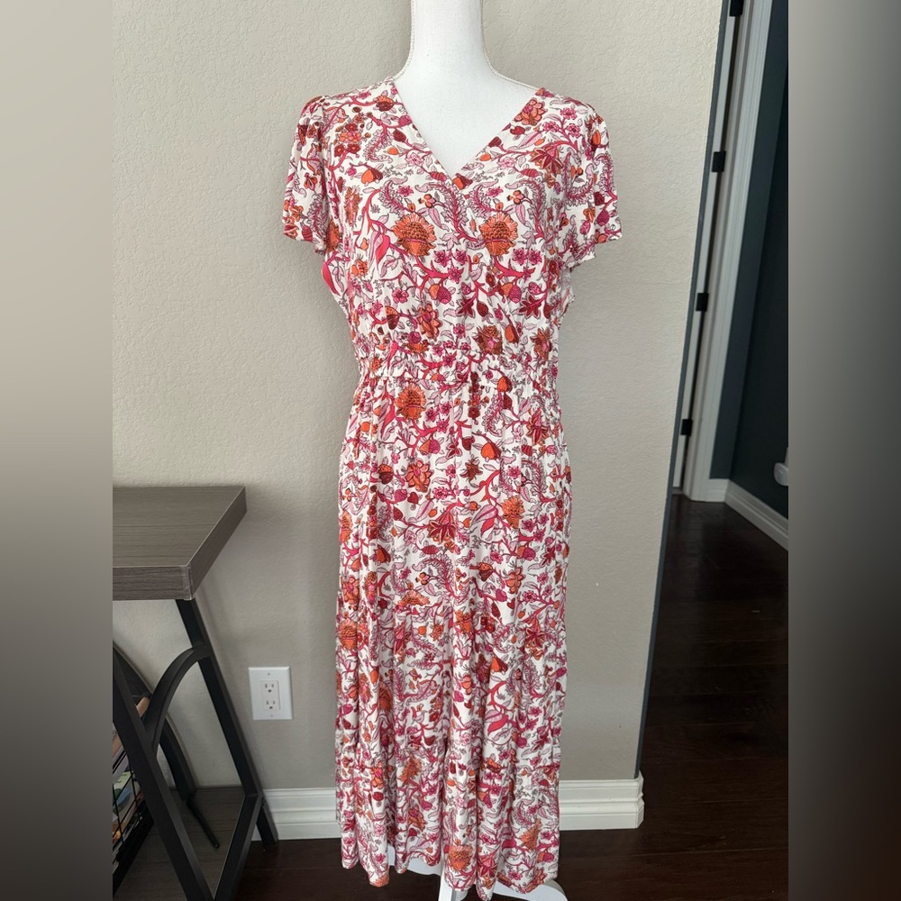 Knox Rose Pink Orange Floral V-Neck Maxi Dress XL